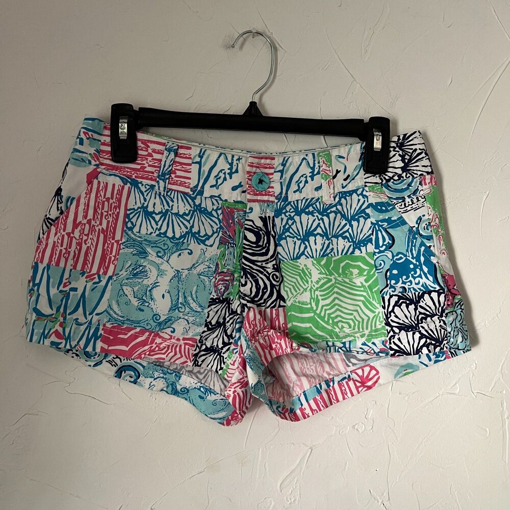 Lilly Pulitzer Walsh Shorts Patchwork Seashell Print Coastal Low Rise Micro Sz 0
